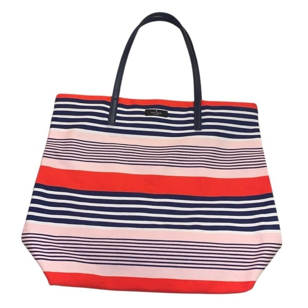 Kate Spade Bon Shopper Tote Pink Navy Striped Canvas Bag Spring Vacation L NWT
